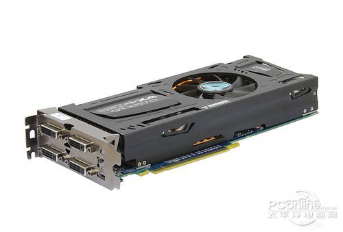 影驰gtx570四星黑将显卡采用的是双槽设计,身材很大,体积与一