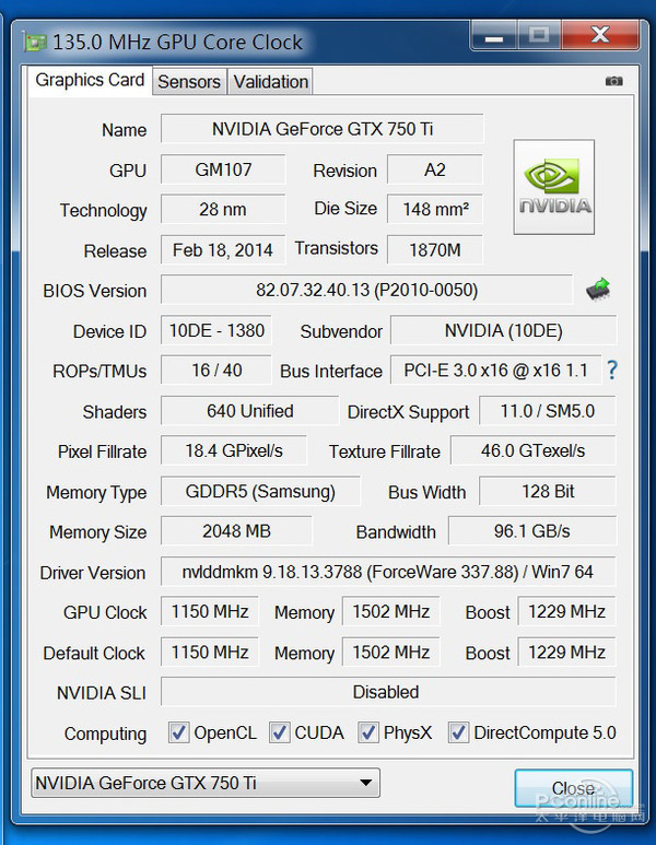 影驰gtx750ti gamer参数规格对比