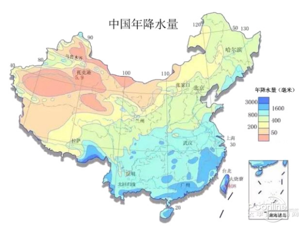 中国年降水量分布图