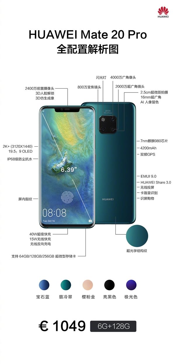 华为mate20参数配置详细,华为mate40参数配置详细 华为mate 20/mate 20 pro参数一图看懂:性能出众!