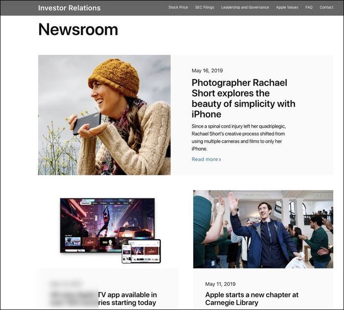 苹果重新设计投资者关系页面,突出 newsroom 新闻报道