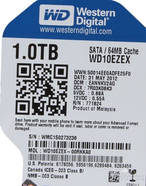 西部数据1TB SATA3 64M单碟/蓝盘西数单碟1TB蓝盘