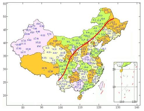 中國各城市夏季最溼月室外平均含溼量[2]