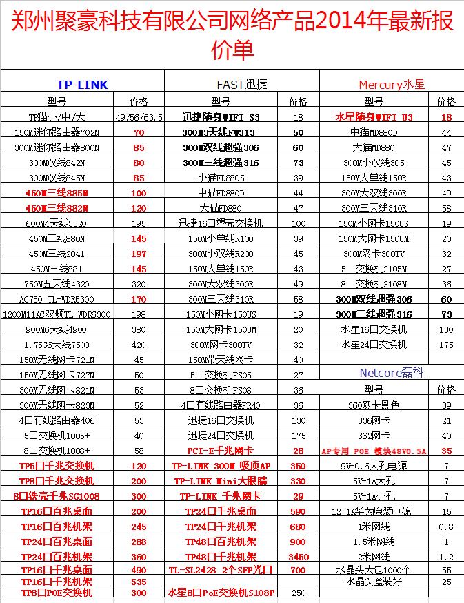 郑州聚豪科技有限公司网络产品2014年最新报价单
