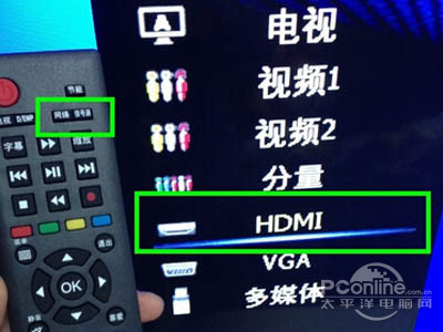 先用遥控器选择信号源为hdmi