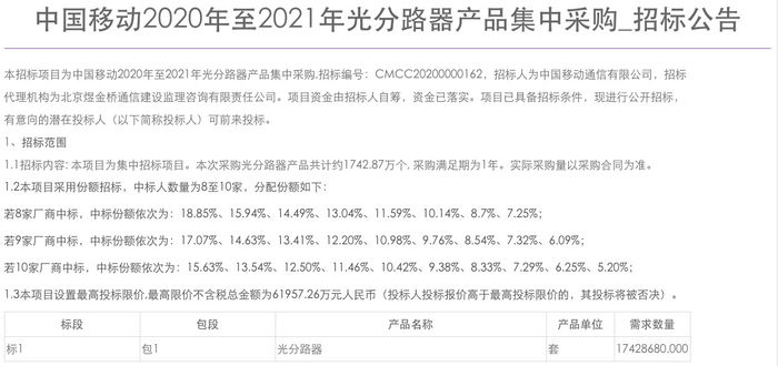 中国移动光分路器产品集采：规模约1742.87万个