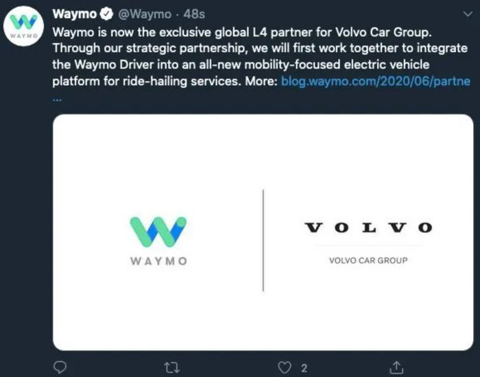 Waymo与沃尔沃汽车集团达成全球战略合作