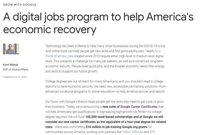 谷歌将资助10万个在线认证奖学金帮助美国工人就业