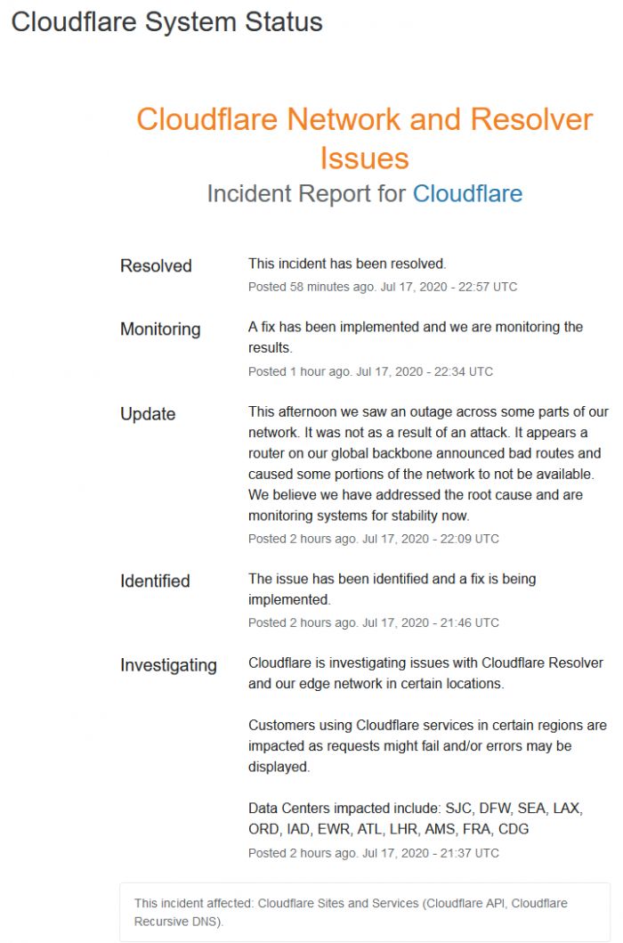 CloudflareDNS服务中断令大量网站和服务无法访问