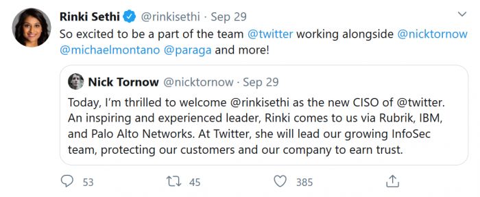 Twitter迎来新任CISO：行业资深人士RinkiSethi