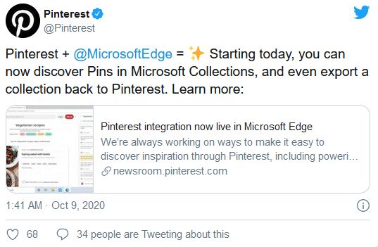 微软已经完成将Pinterest整合到Edge收藏夹的工作