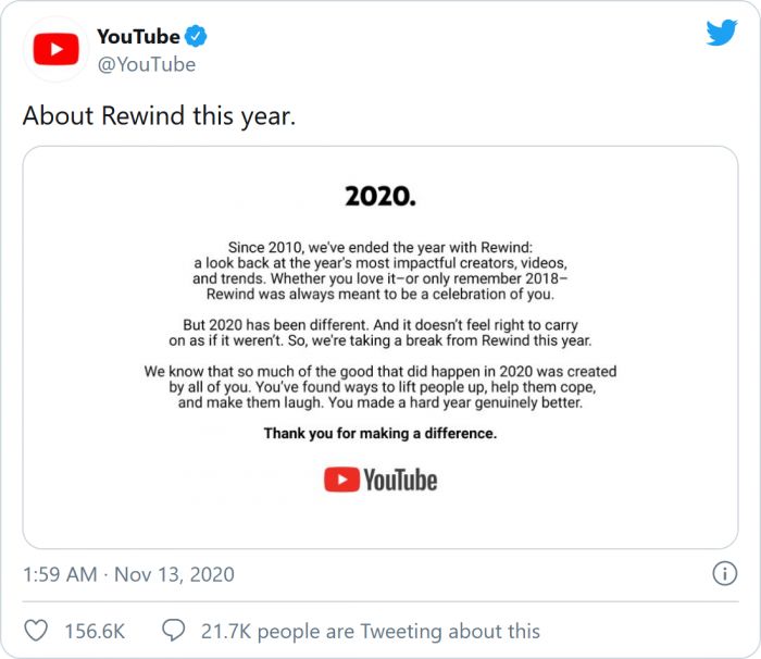 YouTube宣布今年取消年度盘点Rewind庆祝活动