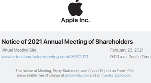 苹果年度股东大会将于2月23日于线上举行
