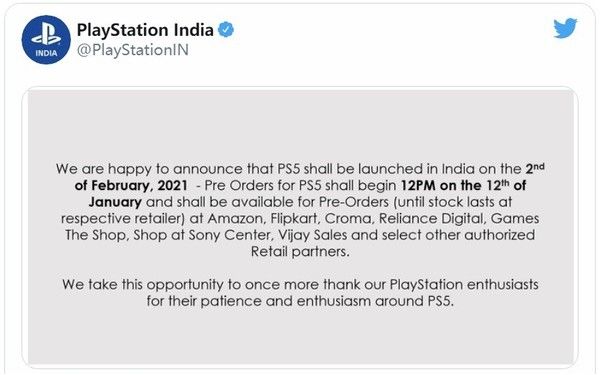 PS5将于1月12日在印开启预售：国行版似乎也在路上了