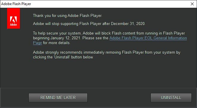 Adobe再次强烈建议用户卸载FlashPlayer