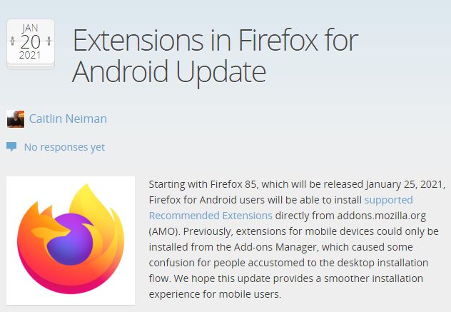Android版Firefox85将允许通过AMO安装附加组件