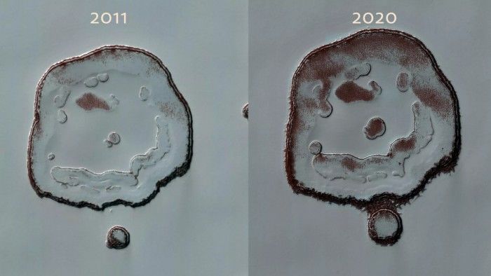 历时十年：NASA目睹了火星“笑脸陨石坑”的霜冻变化