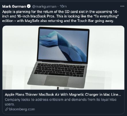 不止MagSafe接口：曝苹果全新MacBookProSD卡槽回归