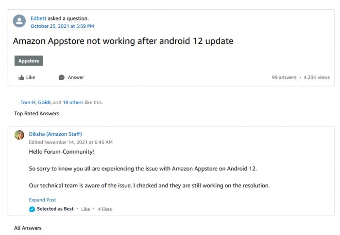 亚马逊承认Appstore不兼容Android12但过去5周仍未解决