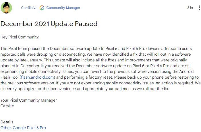 谷歌暂缓2021年12月更新调查Pixel6的断连问题