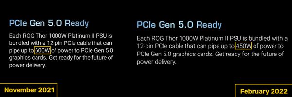 华硕更改PCIe5.0电源12PIN描述：功率改为最高450W