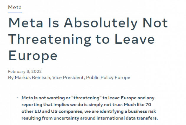 Meta：绝对没有威胁要离开欧洲市场
