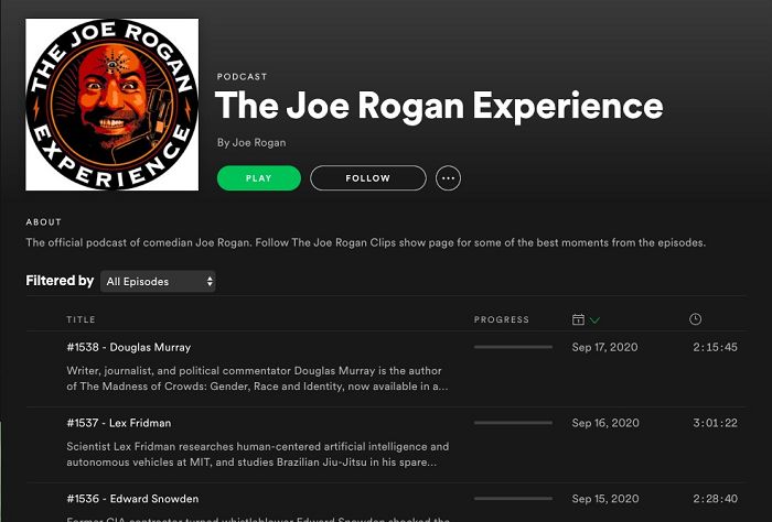 爆料称Spotify为JoeRogan播客节目独占而支付2亿美元