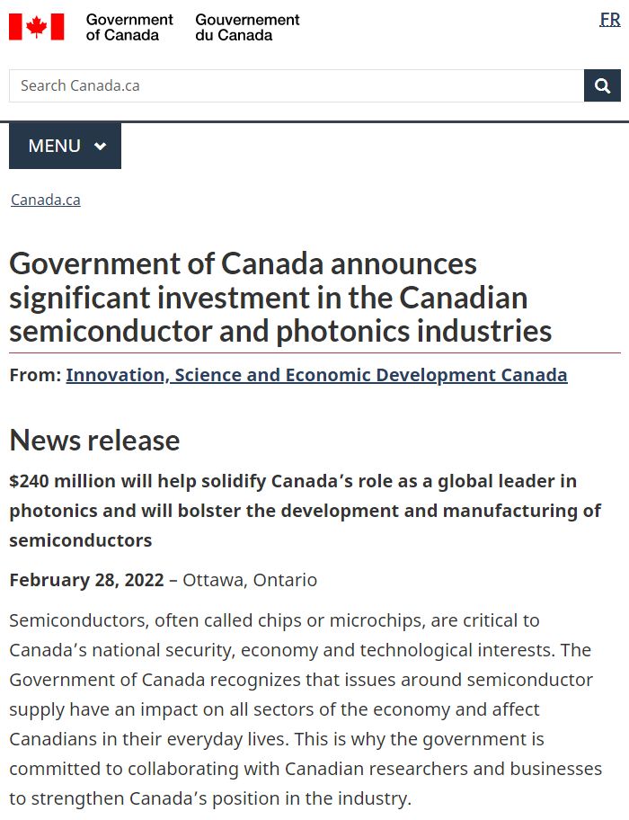 加拿大政府已做好向半导体行业加大投资的准备