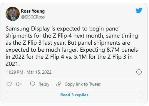 GalaxyZFlip4屏幕面板将于下月出货预估达到870万