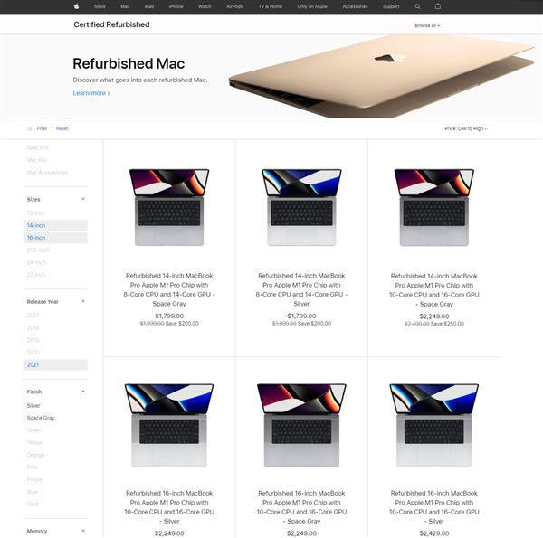 苹果M1Pro/MaxMacBookPro翻新机首卖：可享一年保修