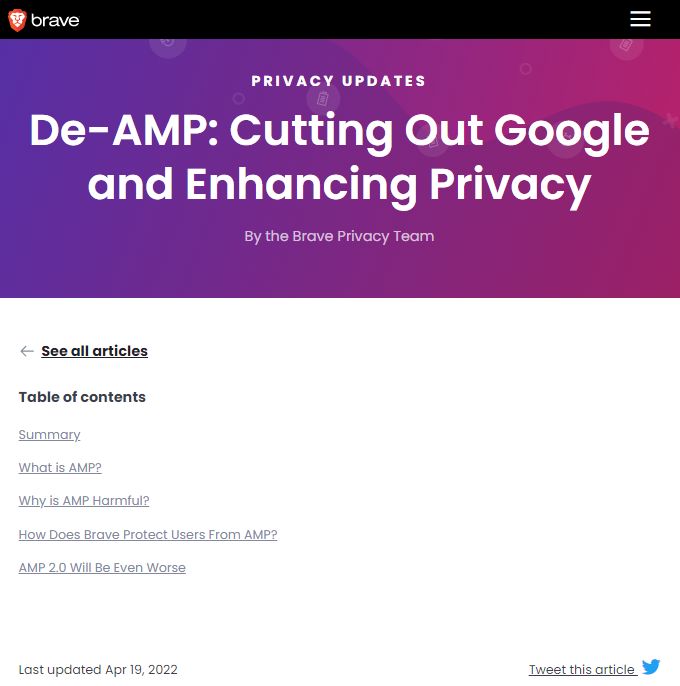 Brave指责GoogleAMP有损用户浏览体验并推出De-AMP隐私增强功能