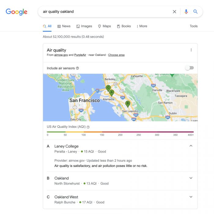 谷歌搜索现支持美国本土城市的AQI空气质量数据显示