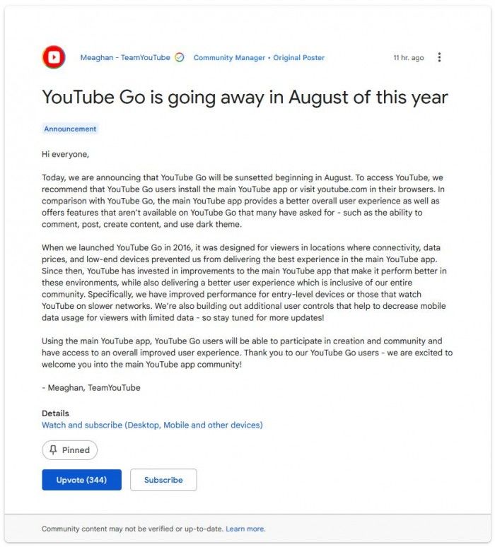 YouTubeGo将于今年8月下线
