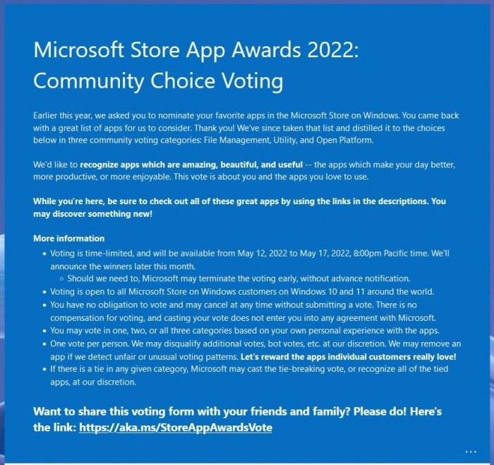 微软发起MicrosoftStore最佳应用投票