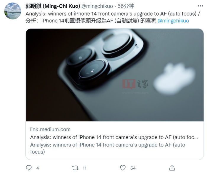 苹果iPhone14自动对焦前摄供应商曝光，郭明錤称“赢家为玉晶光、高伟电子”