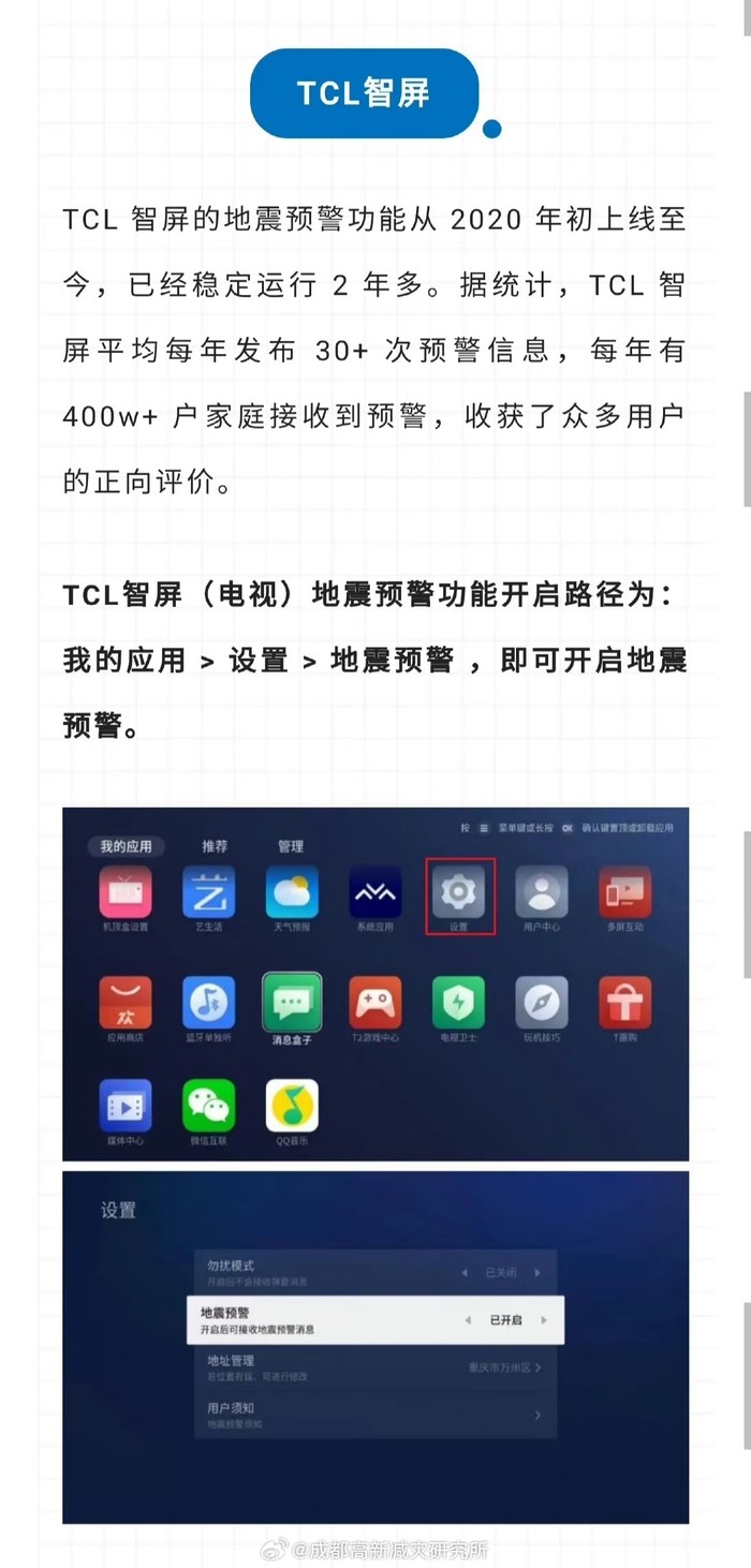 品牌手机、电视地震预警功能一键开启，成都减灾所提供详细教程